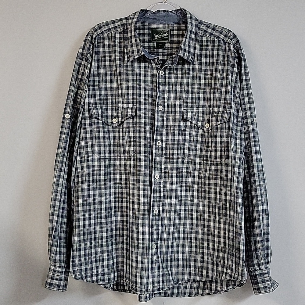 Woolrich Men's Button-Down Long-Sleeved Shirt, Blue Plaid, Size 2XL